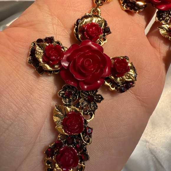 Unique anthropology flora vintage gold Red Rose Cross Earrings - Picture 7 of 10